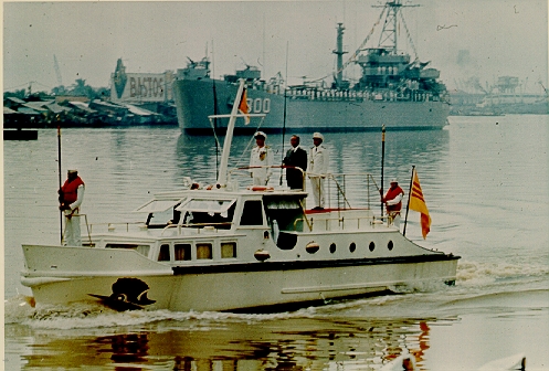 Republic of Vietnam President Nguyen Van Thieu reviews various
 ships of the South Vietnamese Navy on the Saigon River